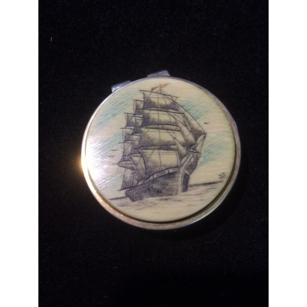 Scrimshaw Money Clip Handmade Sailing Vessel Round On Stainless Steel Gorgeous
